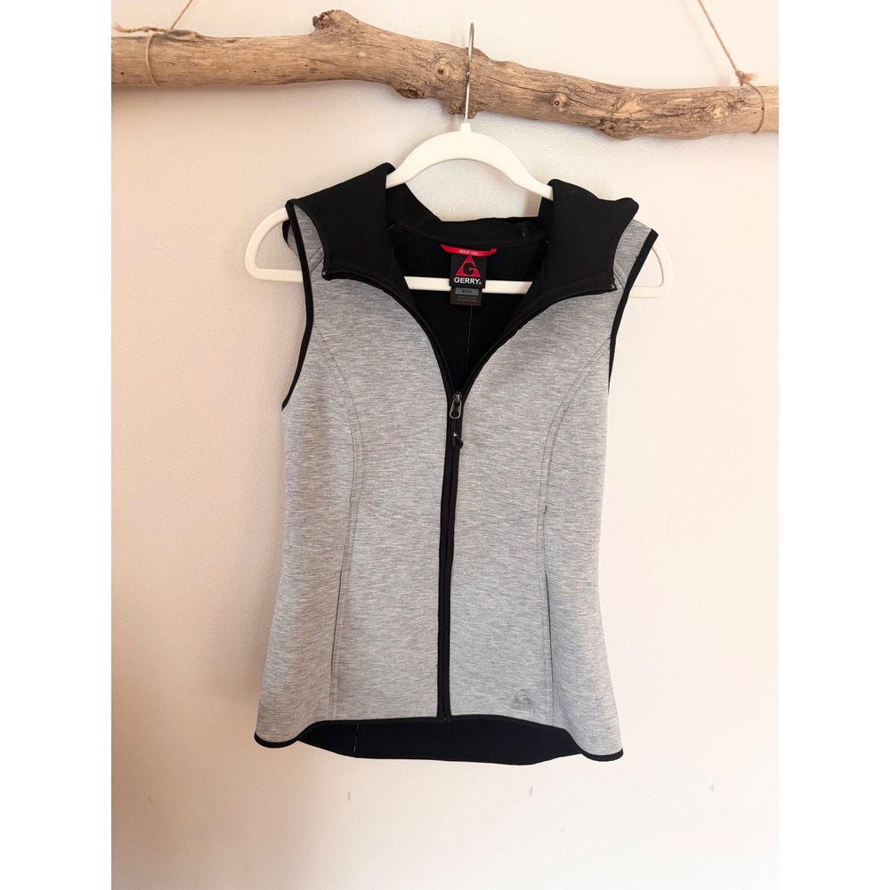 Gerry Womens Hooded Active Vest Heather Gray Black Full Zip Stretch Small